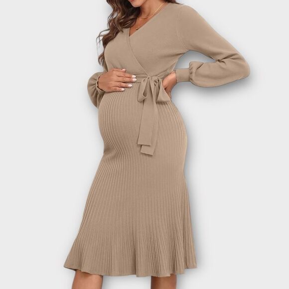 Tan Maternity Sweater Dress Wrap V Neck Pleated A Line Waist with Belt Size 2XL - Picture 2 of 5